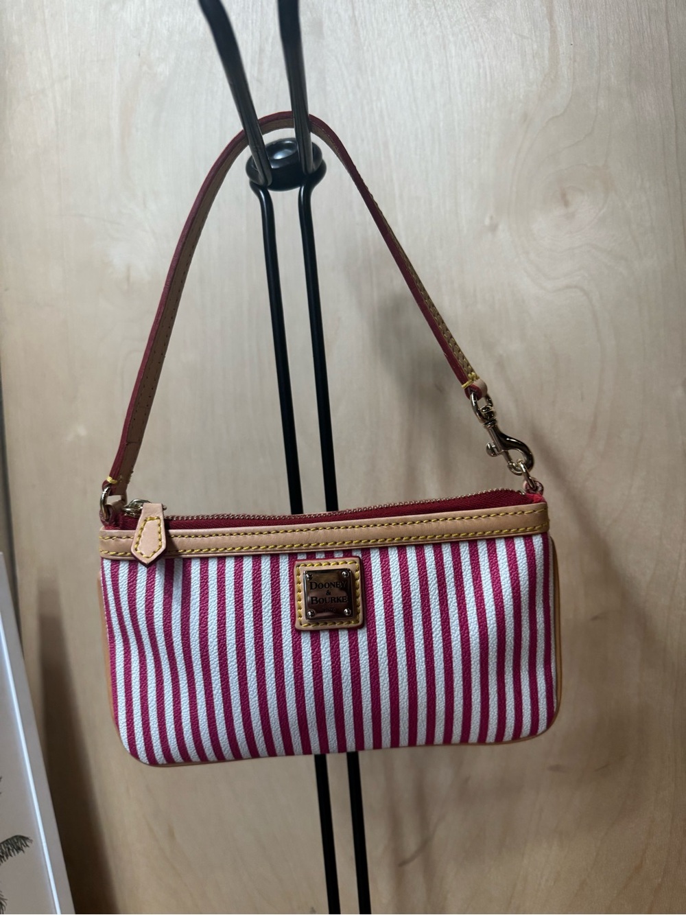 Dooney & Bourke red and White Striped Wristlet with Tan Trim